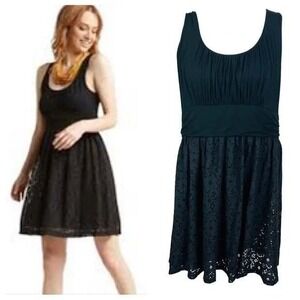 Navy Blue Sleeveless Scoop Neck Dress With Ruched‎ Bodice & Lace Skirt By Maitai